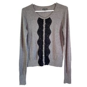 Express Cashmere Blend Cardigan Sweater Lace Rhinestone Buttons Gray Black Med